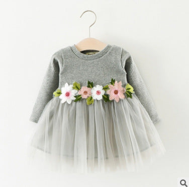 Autumn New Baby Girl Waist Flower Long Sleeve Dress Girl Mesh Princess Dress